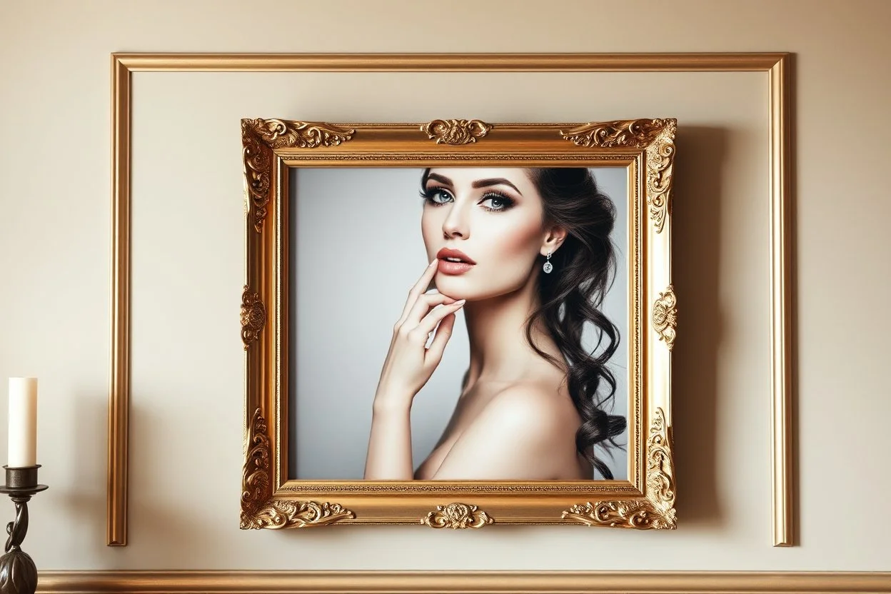 a very beautiful lady photo in pretty frame hanging a wall in a luxury galery