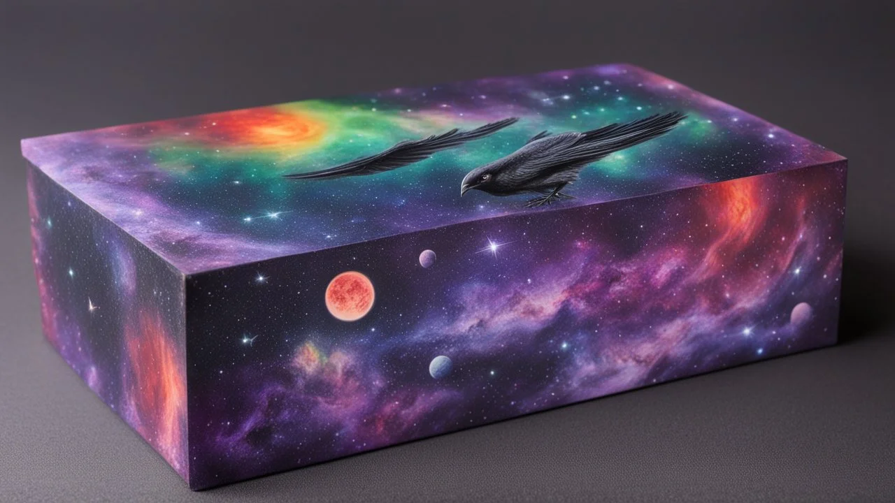 a box 10 cm long by 5 cm wide and 25 cm high, drawn on a box on all sides, space, tress, planets, crow galaxies a lot of colours purple, green and red, realistic