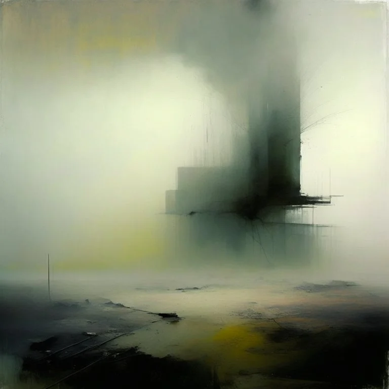 Contemporary abstract painting of wasteland techno decaying landscape. Hazy foggy sky. Concrete ground. Exposed twisted concrete. Style Justin Mortimer and JMW Turner.