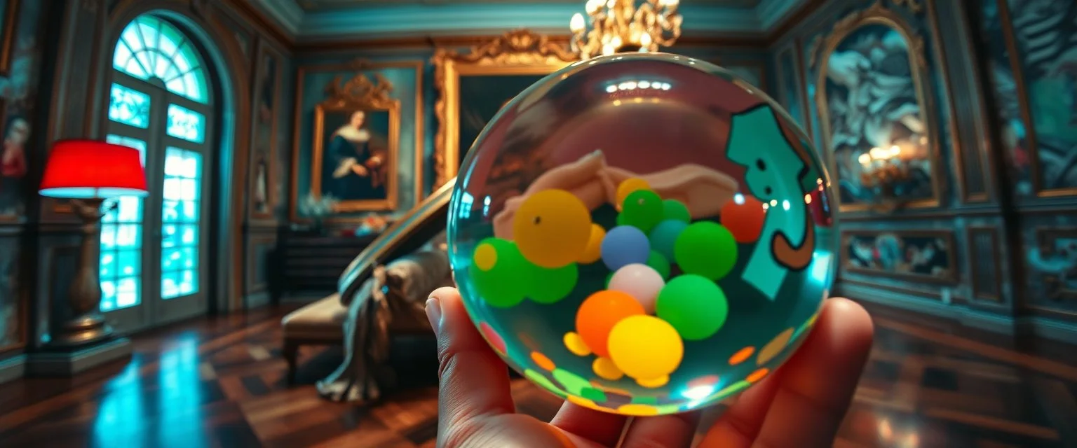 luxury parlor, pin hole cam , master oil painting by Rembrandt, volume fog lights in reflective marble madness opera close up on turtle horse character portrait, holding big colorful transparent marble ball, a living bowling marble halls with slightly tilted floor in a twisted block maze, scenery from the game "marble madness", crystal birds, the floor betrays, the walls collide,