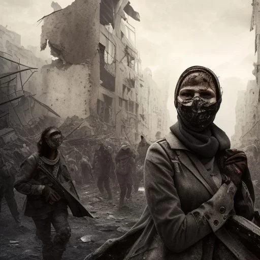 women, faces covered in black masks, ragged clothes, holding flag, war-torn, destroyed city in the background, 8k resolution, hyperrealistic, detailed matte painting, b&w, dynamic lighting, war, anarchy, terrorists