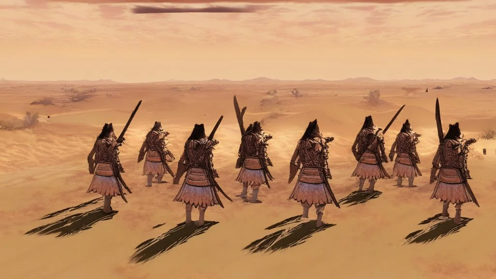 desert, comic style warriors from behind