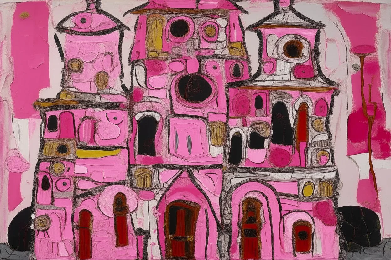 A pink castle of spirit mystery painted by Jean Dubuffet