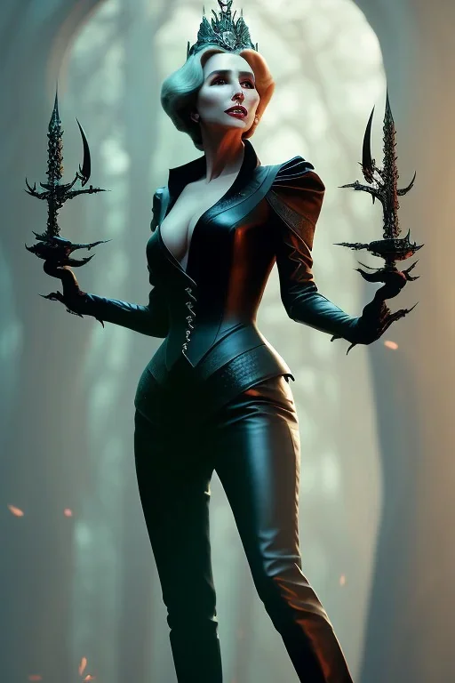 Constance Langdon as evil queen in black leather, leather, busty, cleavage, angry, stern look. character design by cory loftis, fenghua zhong, ryohei hase, ismail inceoglu and ruan jia. unreal engine 5, artistic lighting, highly detailed, photorealistic, fantasy