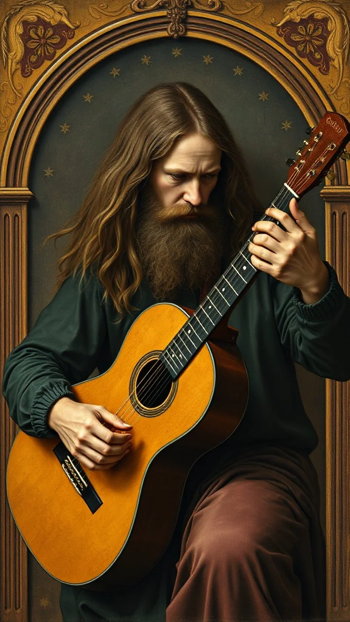 Hieronymus Bosch style , a man with long hair playing the acoustic guitar