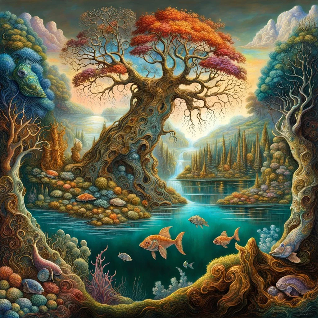 Imaginary landscape trees. . And he sells. Meh. lake.Underwater ornamental fish perfect anatomy, fantasy, vibrant digital art professional award winning masterpiece, oil on canvas Atmospheric extremely detailed Josephine Wall