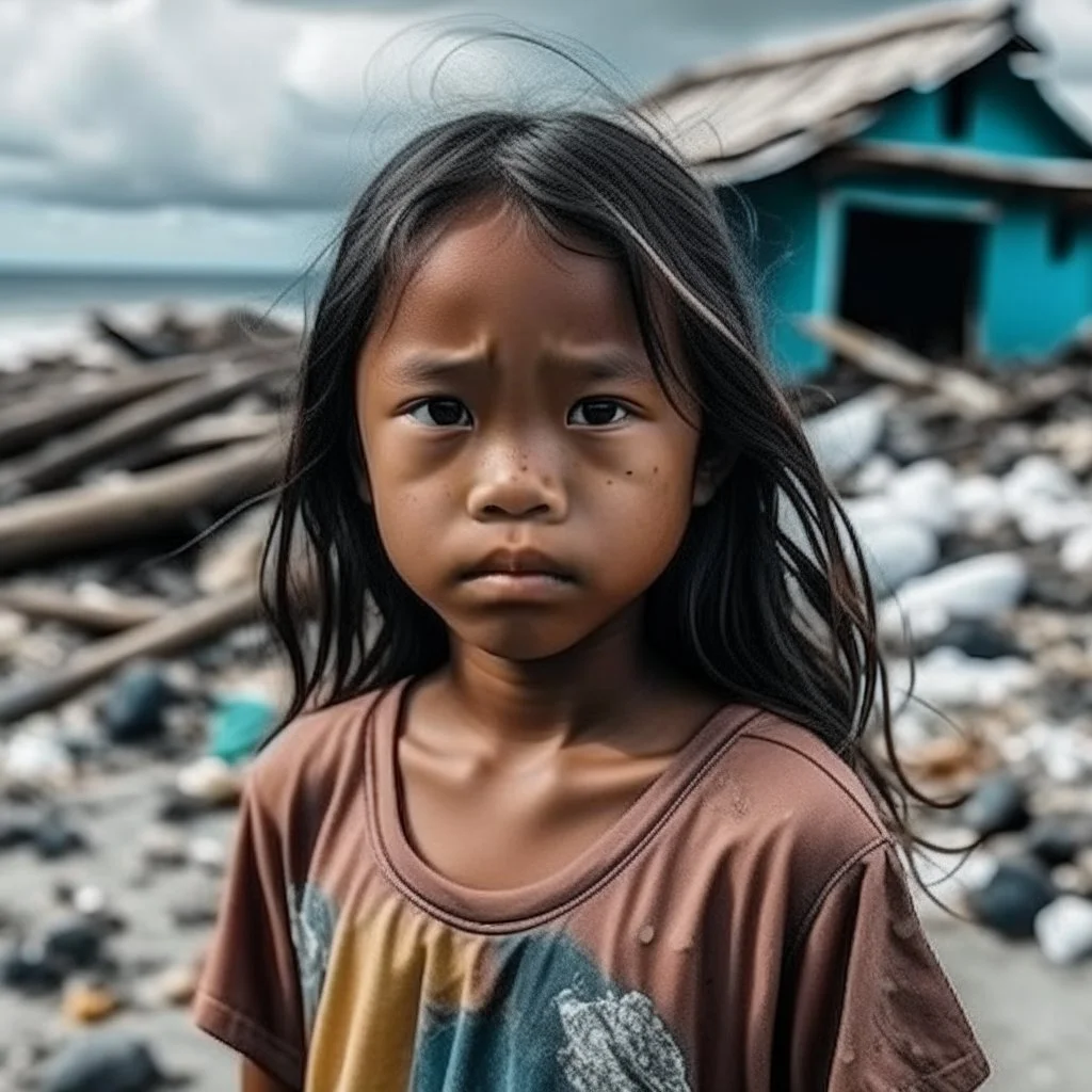 young filipina girl frowning close to camera standing on broken seashore behind there are fragments of house