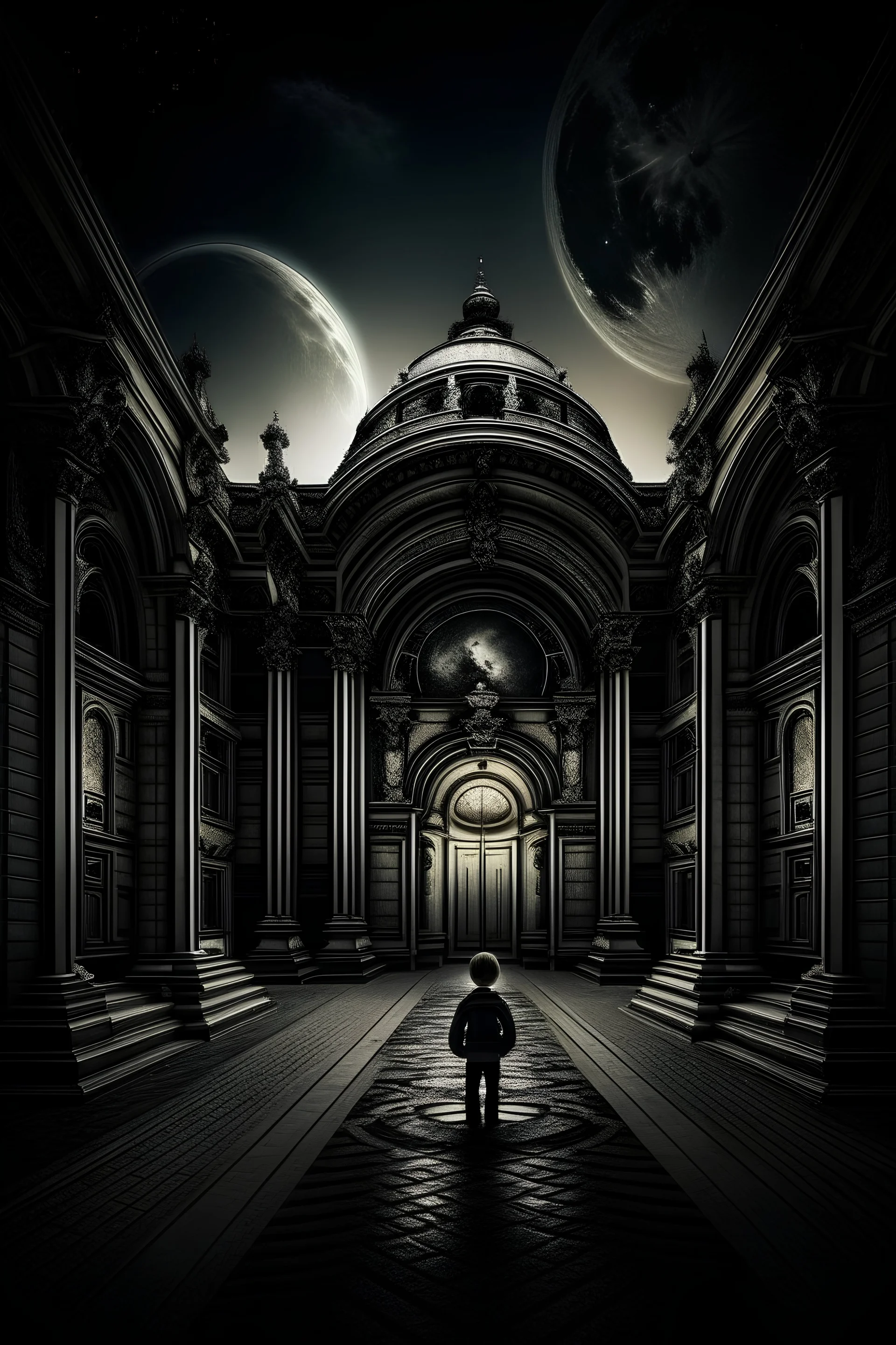 A dark and sad picture of a palace in the form of a time portal that a person enters