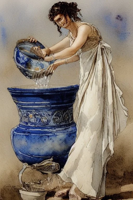 A beautiful woman in an ancient Roman dress pours water from an amphora into a pot in a blue and white bathroom, by Jean-Baptiste Monge, watercolour and ink, highly detailed, award winning, crisp quality in sunshine