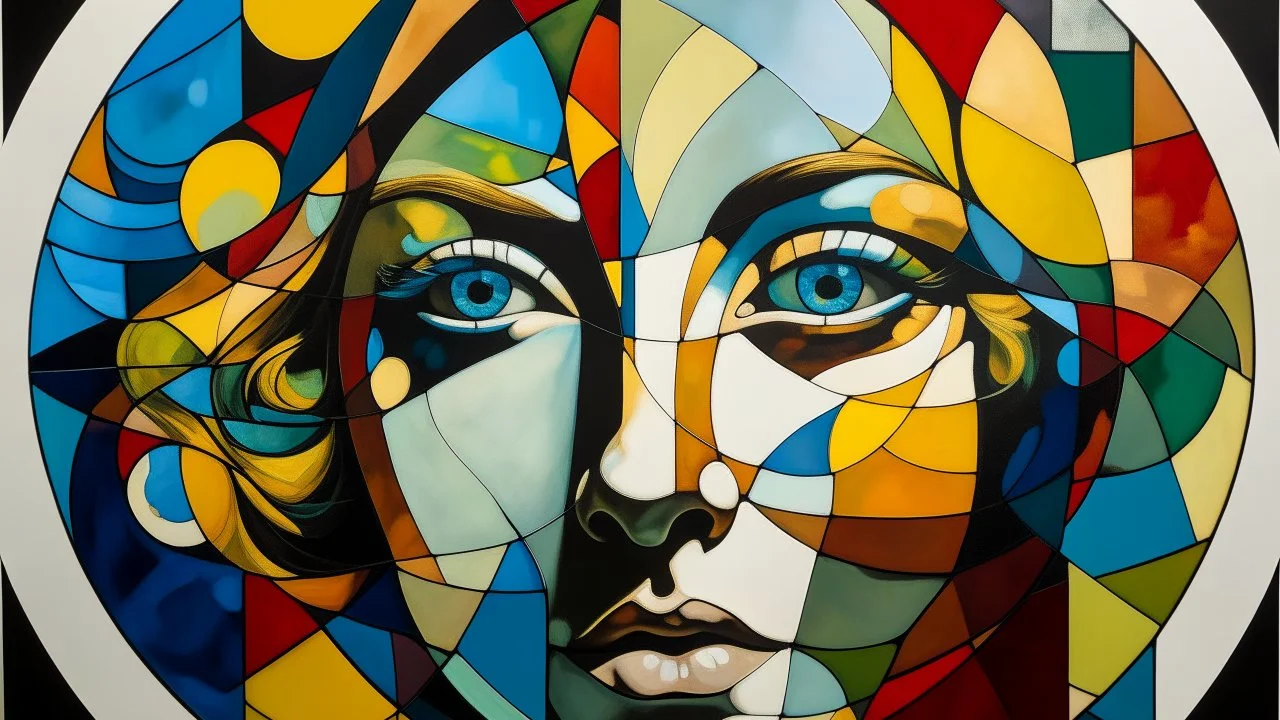 Abstract composition of a portrait of a woman inscribed in dynamic shapes, which form a kind of jigsaw puzzle of large circles and small colored diamonds that intersect. Suddenly, we discover the subject: the face of a woman who appears as if coming out of a stained glass window.