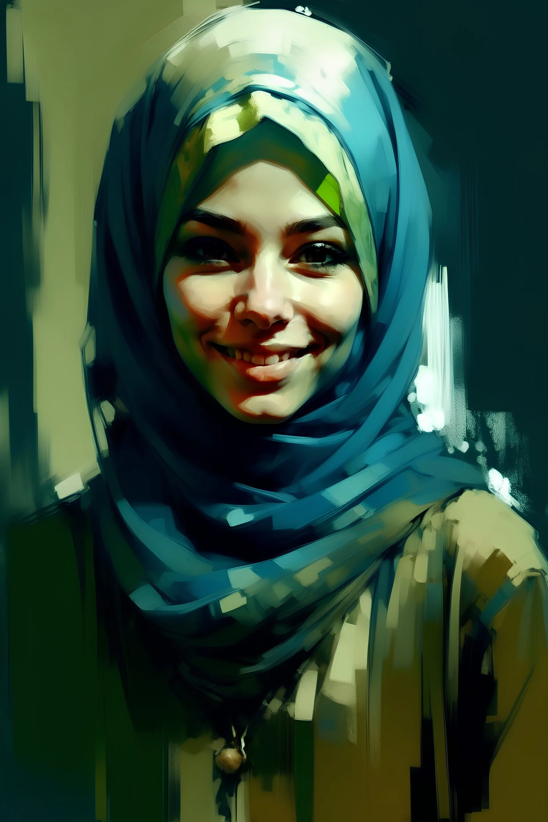 A painting of a smiling beautiful Urdu moslem woman with long dark blue and light green hijab, 22 years old, beautiful big , symmetrical eyes, blond hair, painterly style, detailed, 8k, by Ashley Wood. –ar 2:3 –stop 80 –uplight