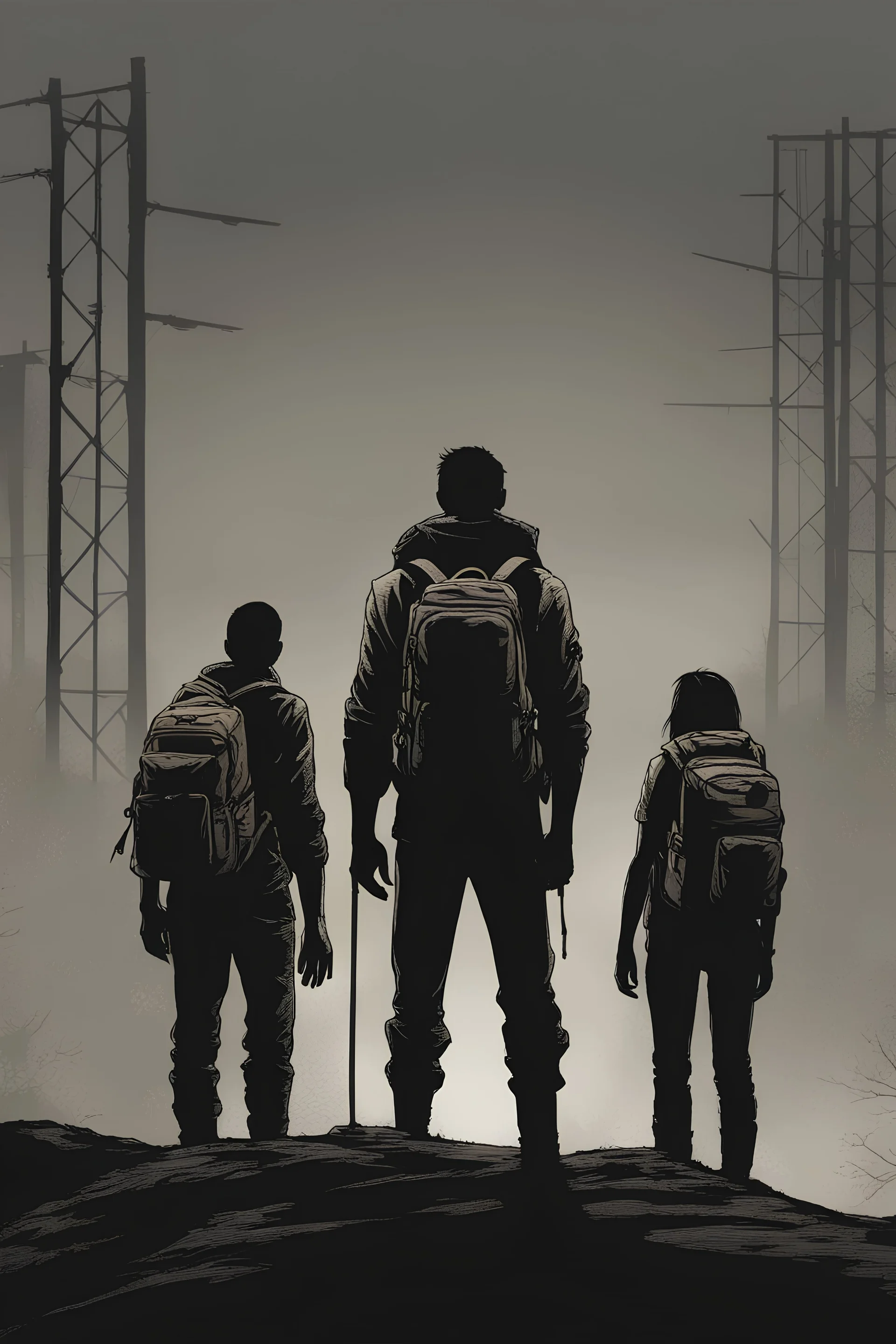 four persons, standing, silhouette, comic book,post-apocalypse, gray background, backpack,