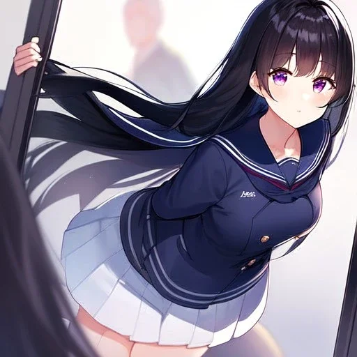 Clear focus, High resolution, Long fluffy black hair, Purple eyes, Wearing a sailor uniform, must be wearing a short skirt, 2 puffy big tails hanging behind her back