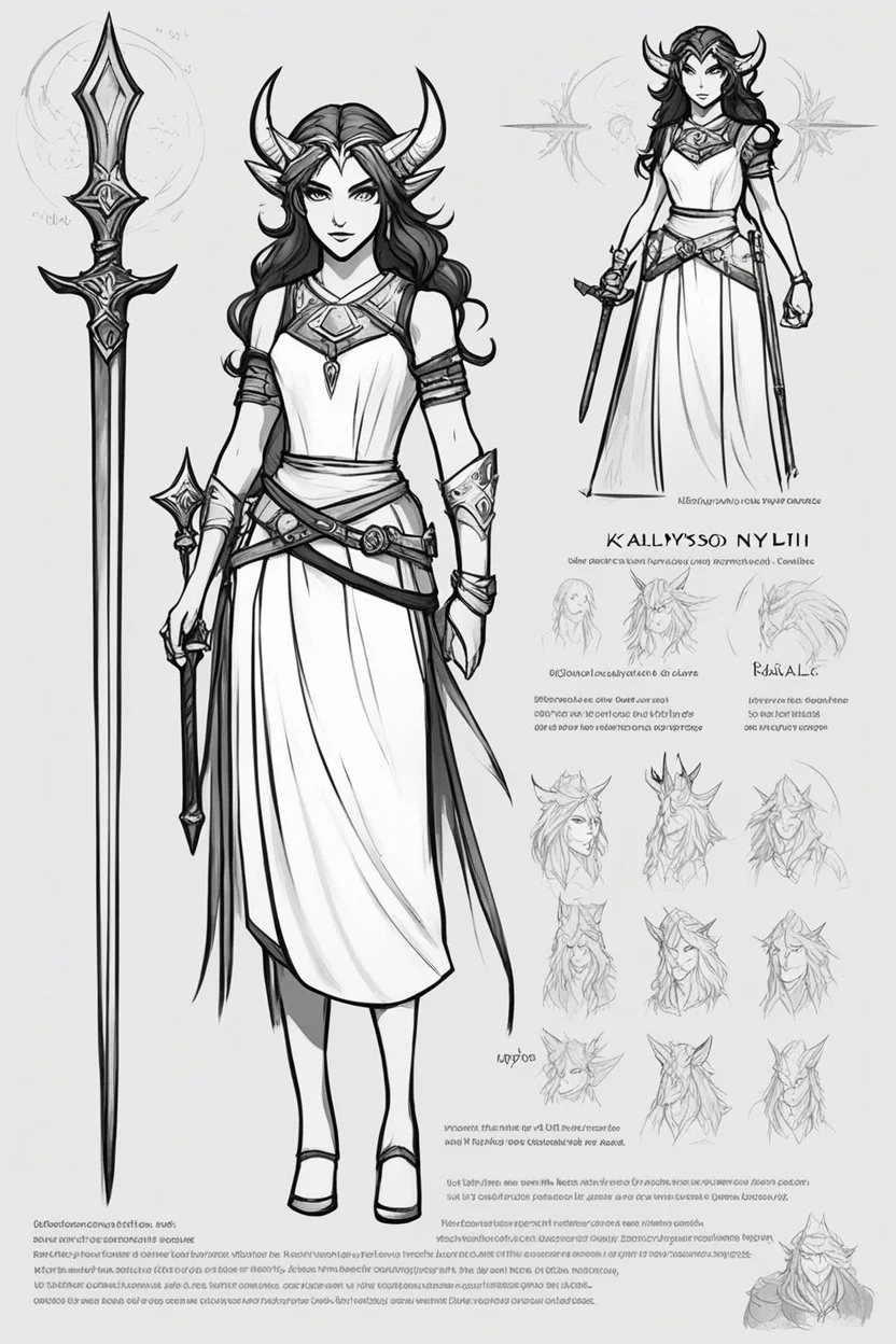 character concept sheet with AD&D statistics and characteristics, [illustration simple ligne claire black and white brush] playable character: Kalypso the pagan nymph, daughter of Khali. Linen dress, weapons: Amok dagger or staff, powers: empathy with darkness creatures, influence of evil