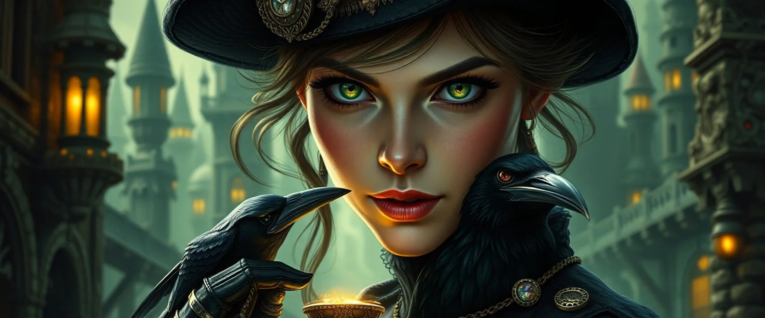 close up portrait of clever crow vintage thief quickling juggler woman in then elven magical green city of Forgotten Realms, myth drannor