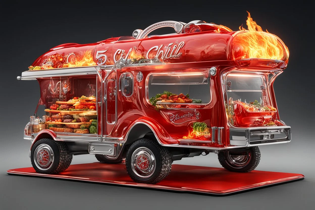 Futuristic crystal Clear glass food truck shaped like a firetruck, hovercraft "5 Alarm Chili" food truck theme, surreal fantastical vehicle with the side open with an ordering window and food bar, elaborate, vibrant, fantastical hyperrealistic, maximalist, insanely detailed, concept art, nighttime, "5 ALARM CHILI" logo