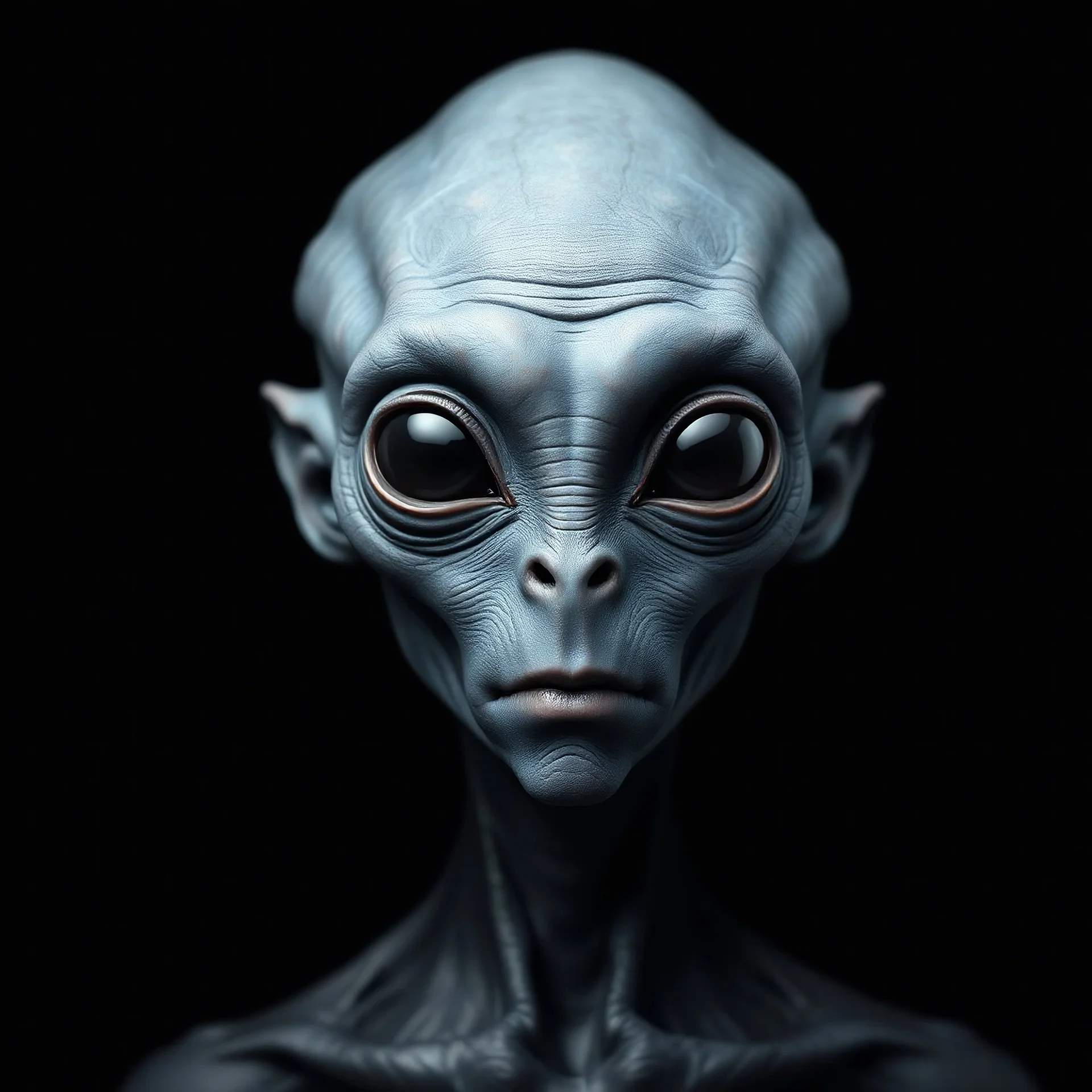 A man in black and a body shot of a super blue skin alien, full head, old, looking at the camera, super big head, super big black eyes, small mouth, no ears, total black skin. photo real, hyperrealistic, high dynamic range, rich colors, lifelike textures, 8K UHD, high color depth. neutral dark background.