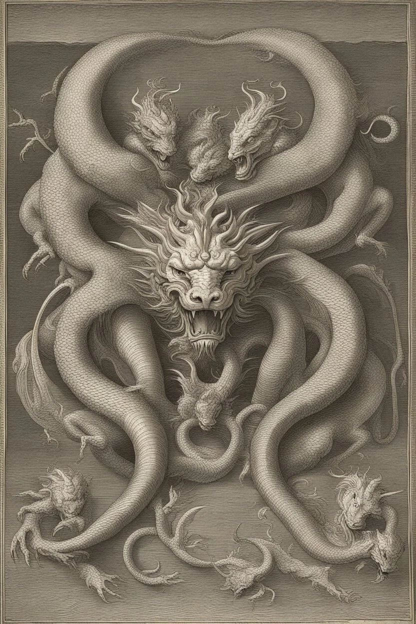 A three-headed dragon. The head on the left is the head of a lion, the head in the middle is the head of a man, and the head on the right is the head of a bull