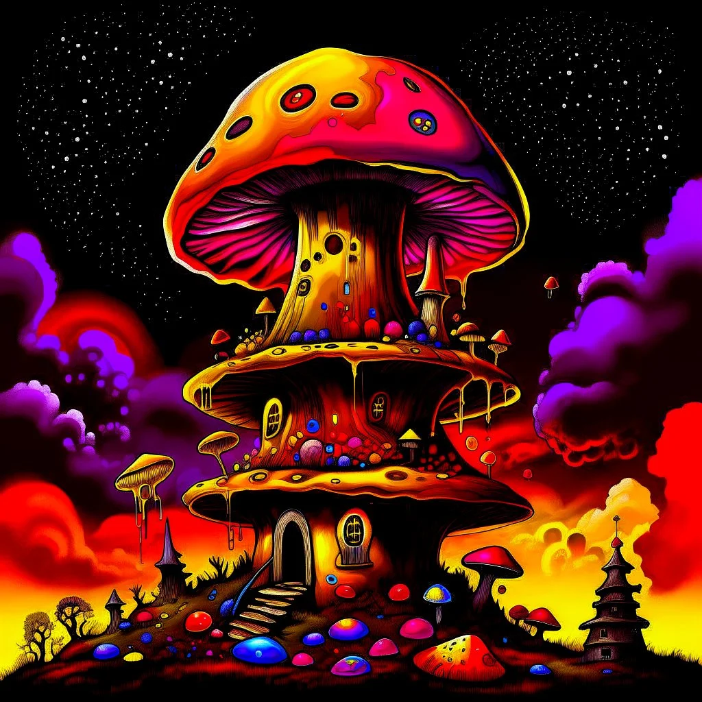 A fantabulous black, yellow, and red (((mushroom tower house))) erected atop a (geologic pillar), surrounded by the uncanny imaginative ((( swirling skies))), offset by the stark hues of a (neon-tinged nebulous space scape), within. captured by the hand a skilled master painter with a focus on (softly blurred compositions and voluminous lighting).