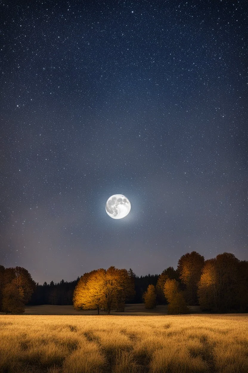 starry night with a full moon in a pasture during fall