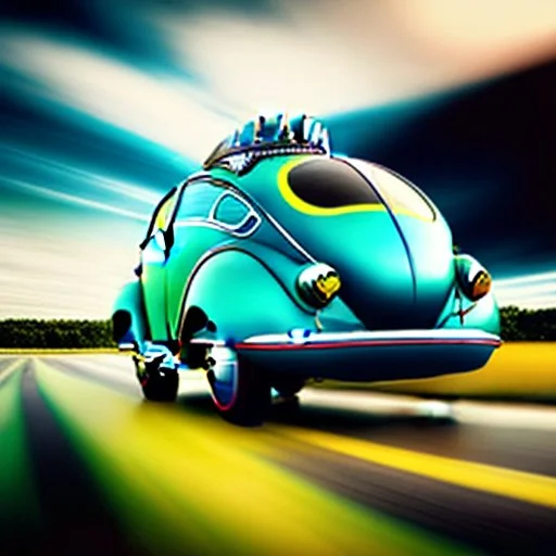 blimp vw-beetle hybrid, retrofuturistic, phototrealism, in flight, one subject,