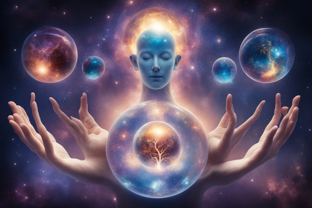 kundalini, connected to the universe, few colours of galaxy, holding galaxies in few hands in glass balls, I first ball ocena, second ball trees, third universe,