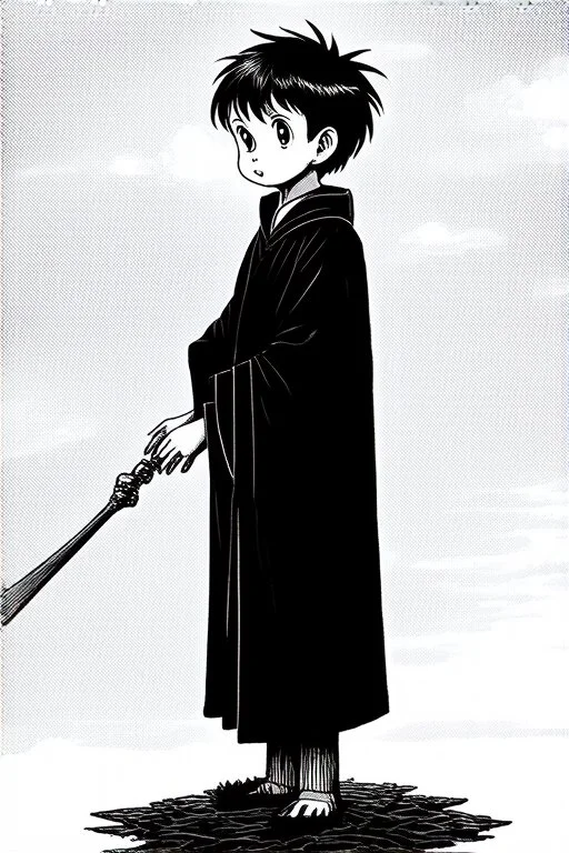 pallid 7 year old boy genie, necromancer, friendly,wearing black robes, with the lower body of a genie instead of legs, in the style of Harry Clarke