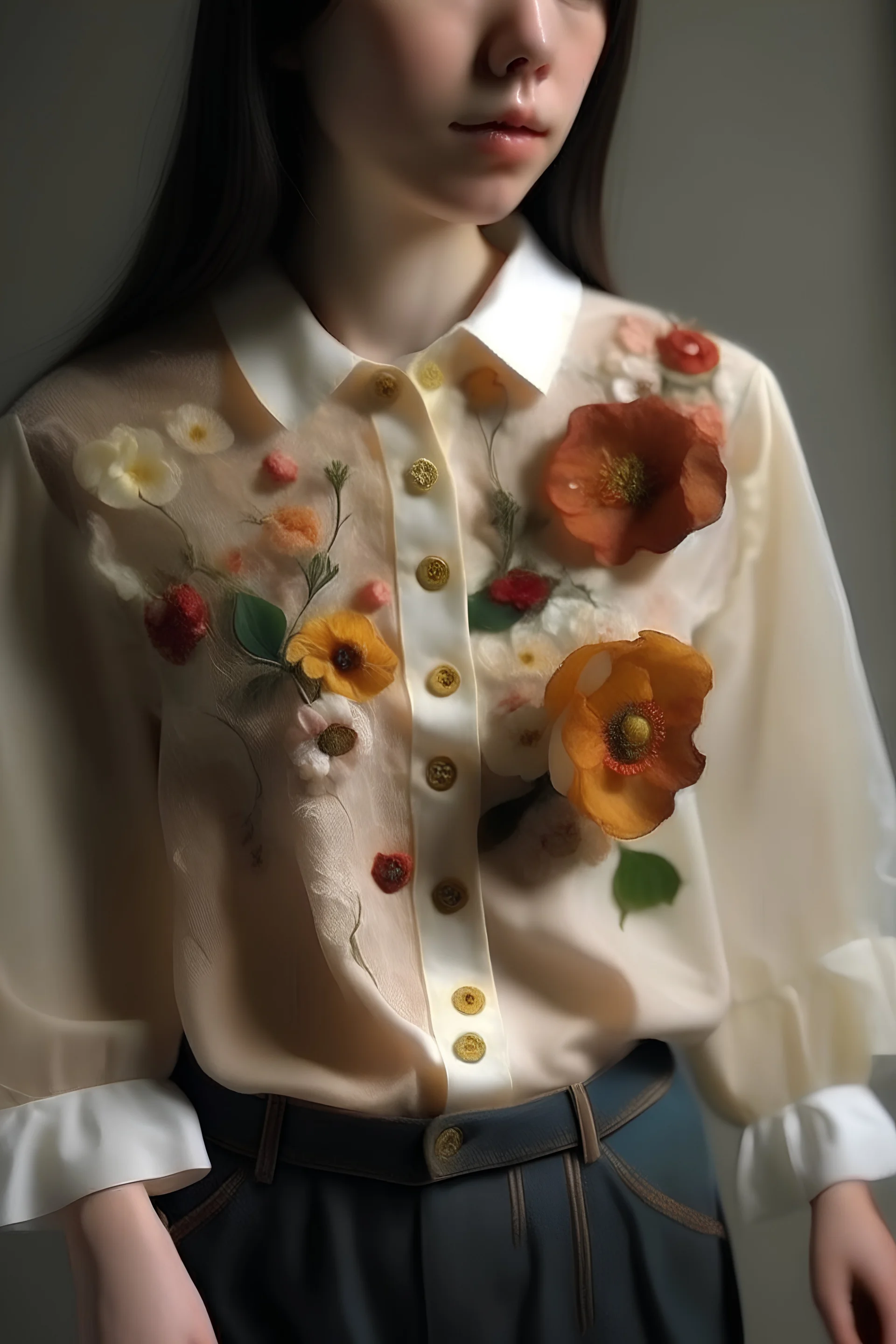 A modest clothes with real flowers sticked in the tissue