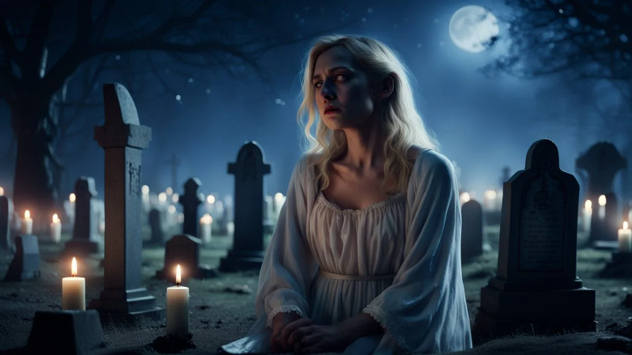 High-resolution, ultra-realistic, 4K cinematic image of a dimly lit villager cemetery at 3am. A blonde very sad woman dressed in white canvas vintage Nightgown. With an expression of pain, closed eyes, crying, surrounded by tombstones and some dark tree and candle, dark blue night with stars.