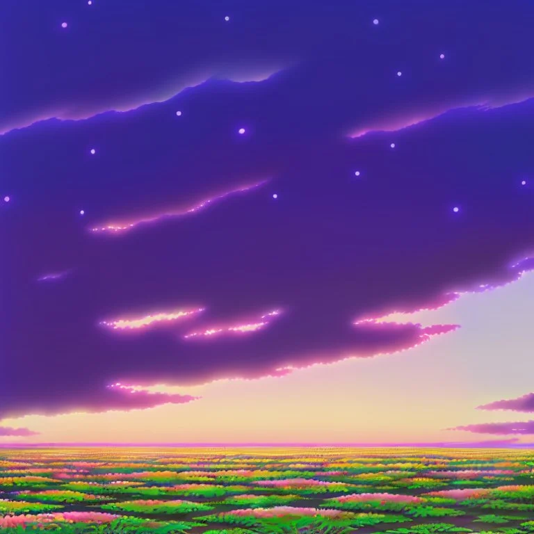 purple sky full of stars, sunflower field, floating ruins of an asian village, anime, high res, makoto shinkai