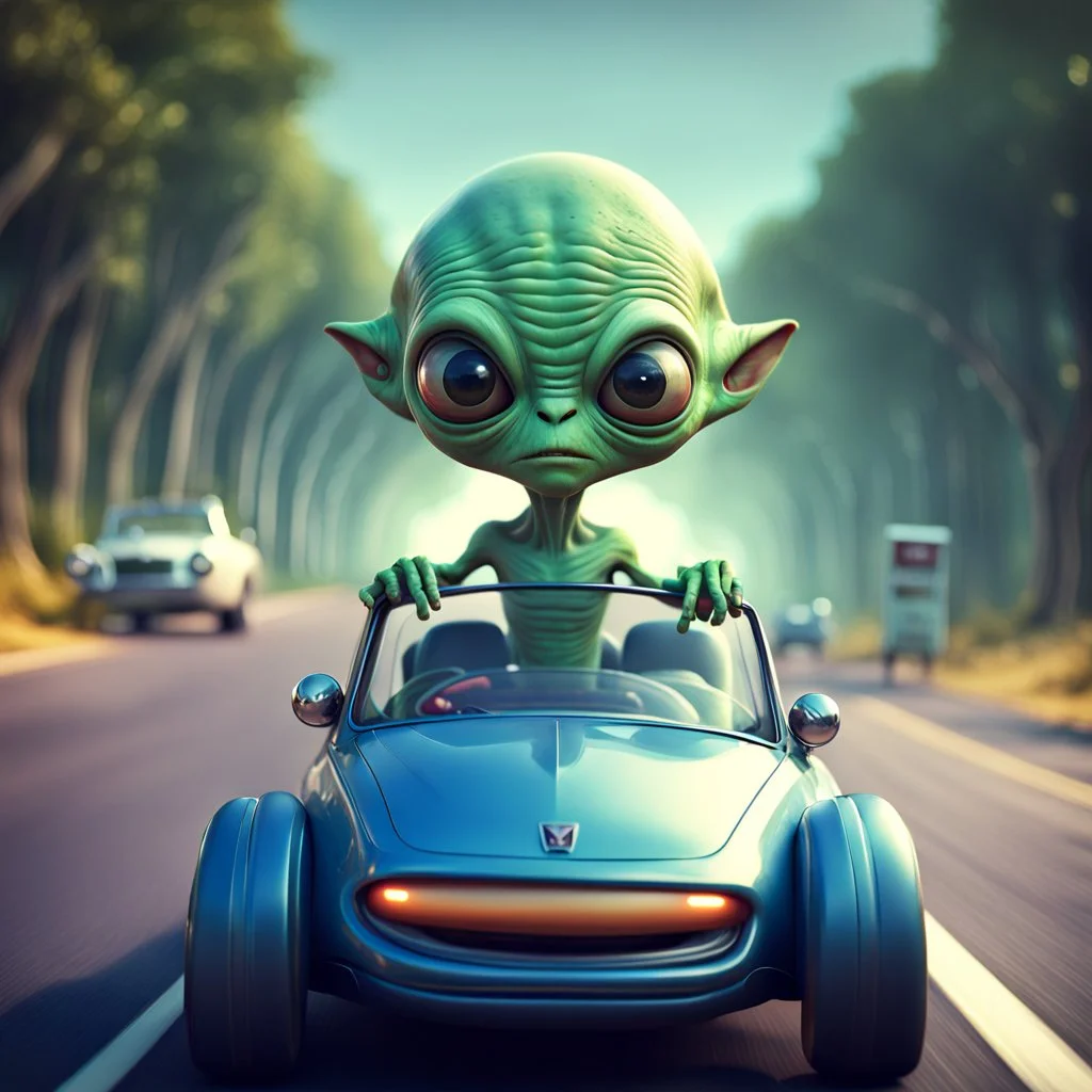 a cartoon alien driving a car down a road, a character portrait by Mike Winkelmann, featured on cgsociety, pop surrealism, rendered in cinema4d, daz3d, behance hd