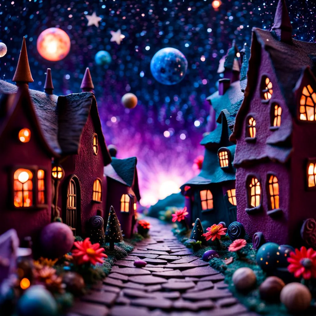 Detailed people, creepy street made of modeling clay, village, stars, galaxy and planets, sun, volumetric light flowers, naïve, Tim Burton, strong texture, extreme detail, Max Ernst, decal, rich moody colors, sparkles, Harry Potter, bokeh, odd