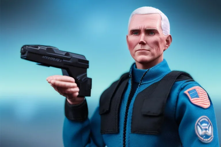 Portrait A Single Mike pence g.i. joe toy doll With a Laser gun space force Blue fabric uniform, fluorescent orange, whole body wide view, black boots