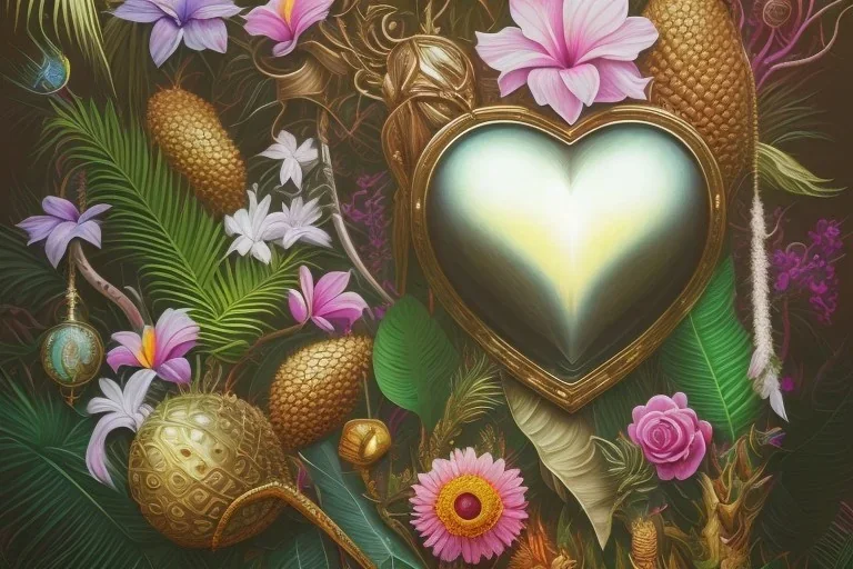 Tropical flowers, realistic heart drawing, crystals, tropical leaves, sacred altar, Fantasy home, cute animal.