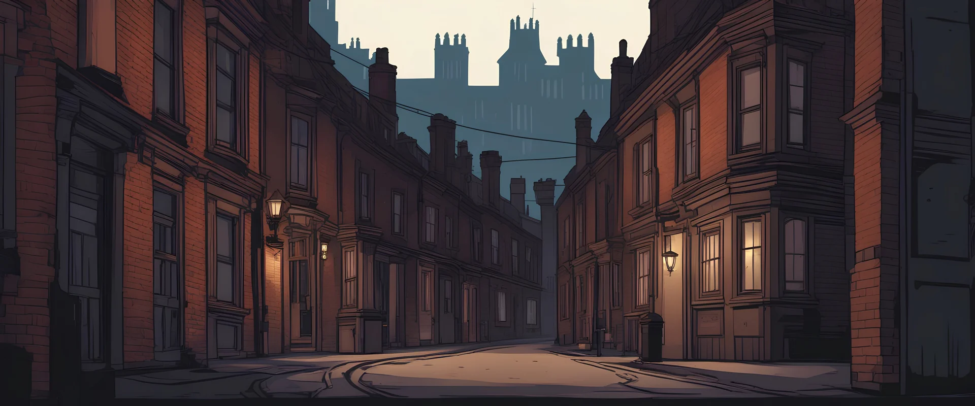 victorian, 2d flat, illustration, alleyway, noire art style, london, night