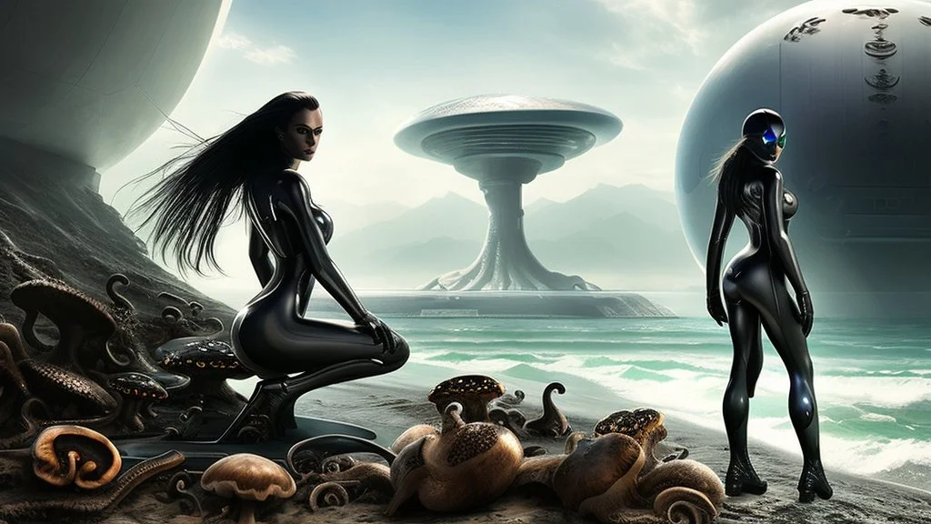 woman with dark hair in a silver robotic catsuit, standing on a futuristic alien beach with a crashed spaceship in the water, with mushrooms with octopus tentacles flying in the air