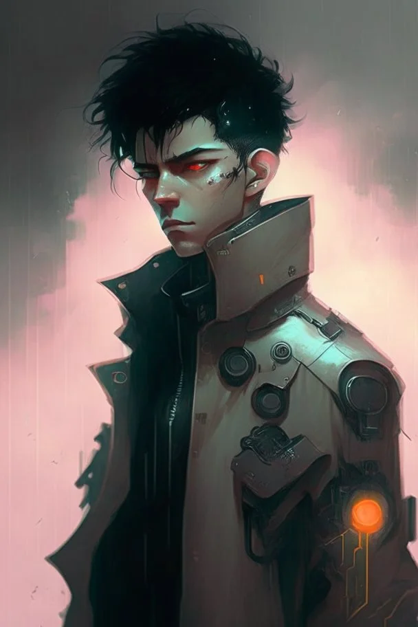 Cyberpunk netrunner, black hair, short hair, cybernetic eyes, standing in mists, Male, Spanish, dark art, Ivory Peach skin, cute