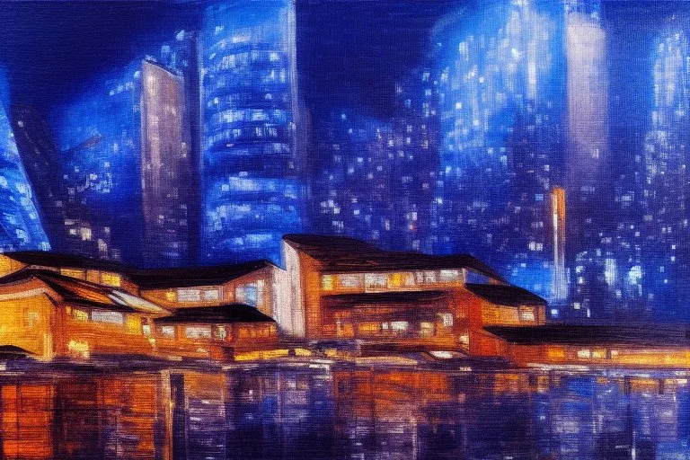 Night, cyberpunk buildings in the mountains, tendency to science fiction, impressionism painting