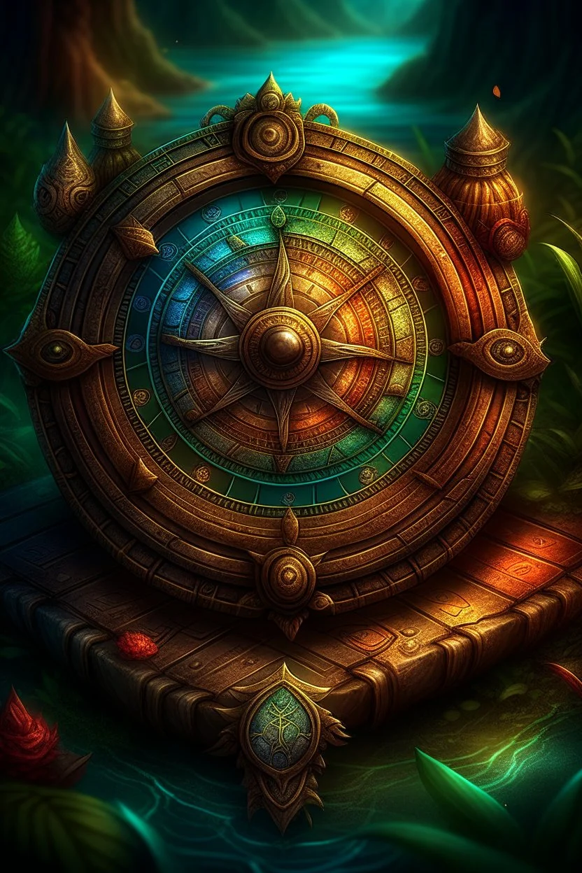 Digital art illustration of the ancient compass of guidance, a card with intricate detailing and ancient symbols, designed to guide players and provide them with the ability to rearrange piles on the game board, allowing complete control over the game strategy. the illustration will capture the essence of adventure and mystery, with a touch of fantasy, using vibrant colors and digital painting techniques.