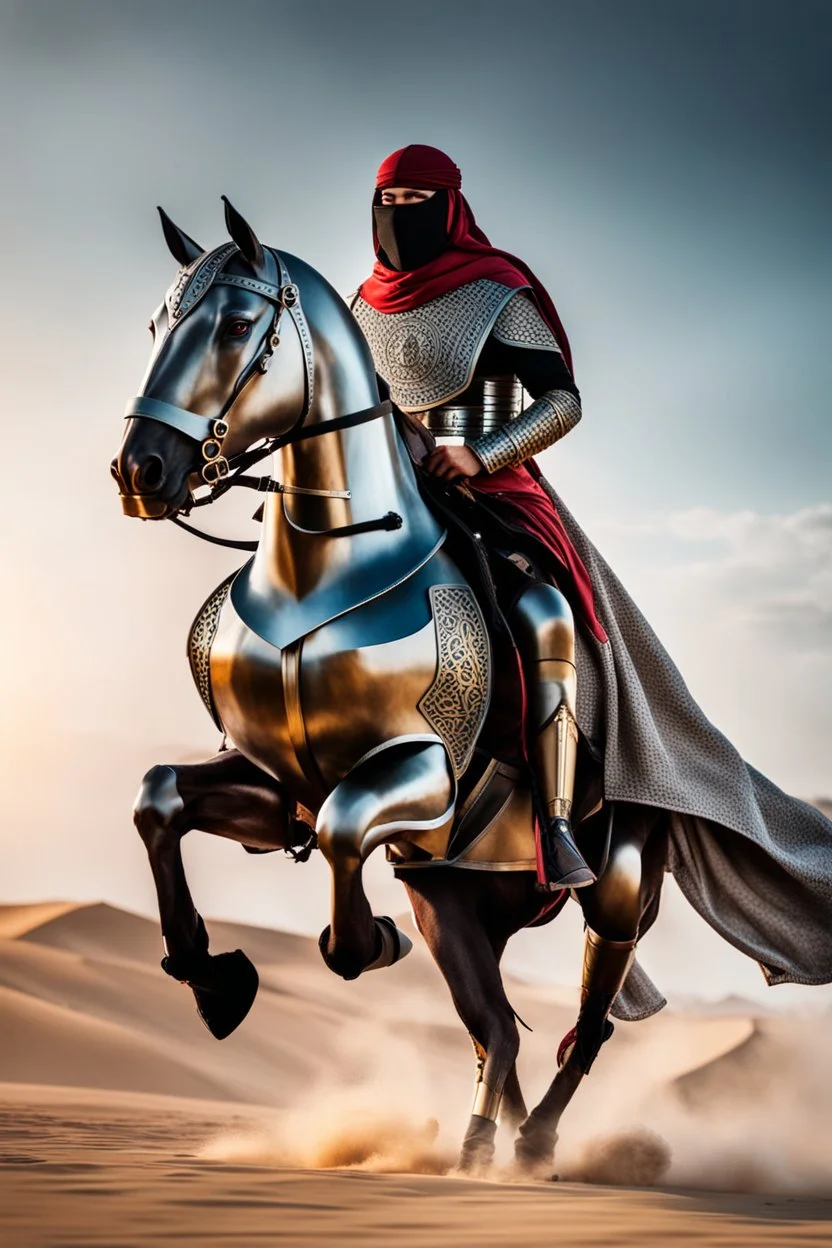 Arab cyborg warrior Full Body Full Armored helmet,Wearing Face Mask Iron Masculine Mysterious Powerful Fantasy High Quality clothes,driving on horse,islamic city background