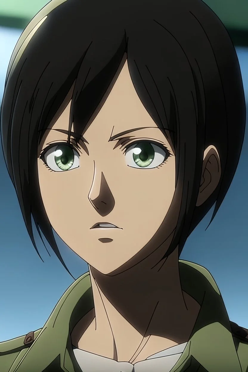 Attack on Titan screencap of a female with short, black hair and big greenish brown eyes.