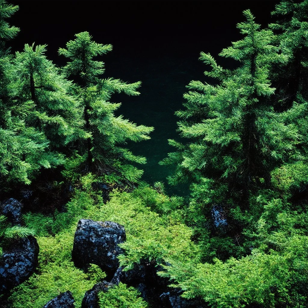 Sublime foto close-up polaroid ad alta definizione di una foresta di conifere falsa, strani mostri, un lago falso, surreale, collage art, dadaism, sublime, splimapys nero, cielo nero, acqua nera riflette un sole nero, macabre piante circondano il lago, alghe, hypermaximalist, Max Ernst style, strangeness, intricate, hypnotic, obsessive, 8k, deep 3d field, very accentuated details of the rocks, eerie, artistic photo, large format film, medium format film