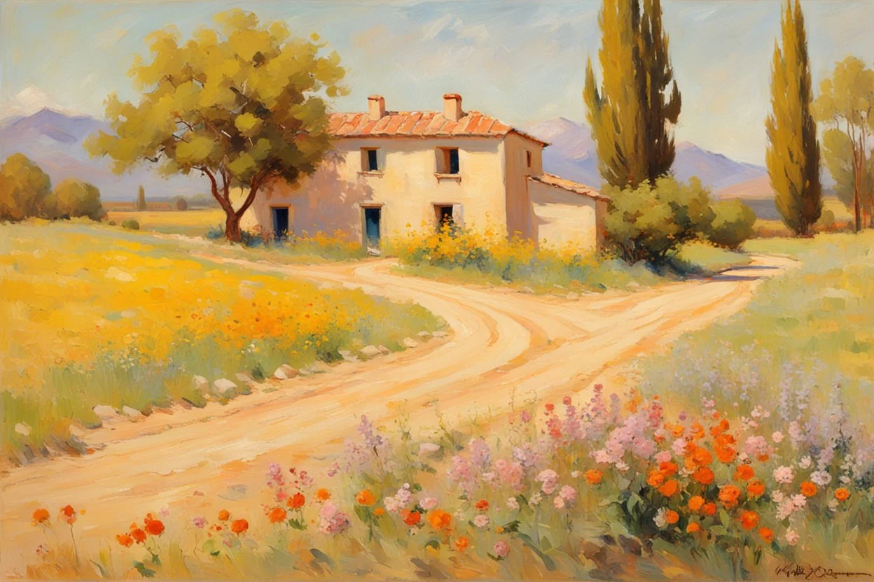 sunny day, mountains, trees, dirt road, flowers, spring, countryside, adobe house, wilfrid de glehn and rodolphe wytsman impressionism paintings