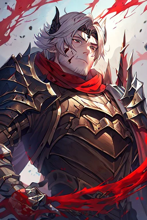 Armored Male Blood Knight Elf by manhwa or korean webtoon style there are lightning and blood spurts around the man, his face pointed at the camera, and with a serious look he lets his opponent know that it's his turn