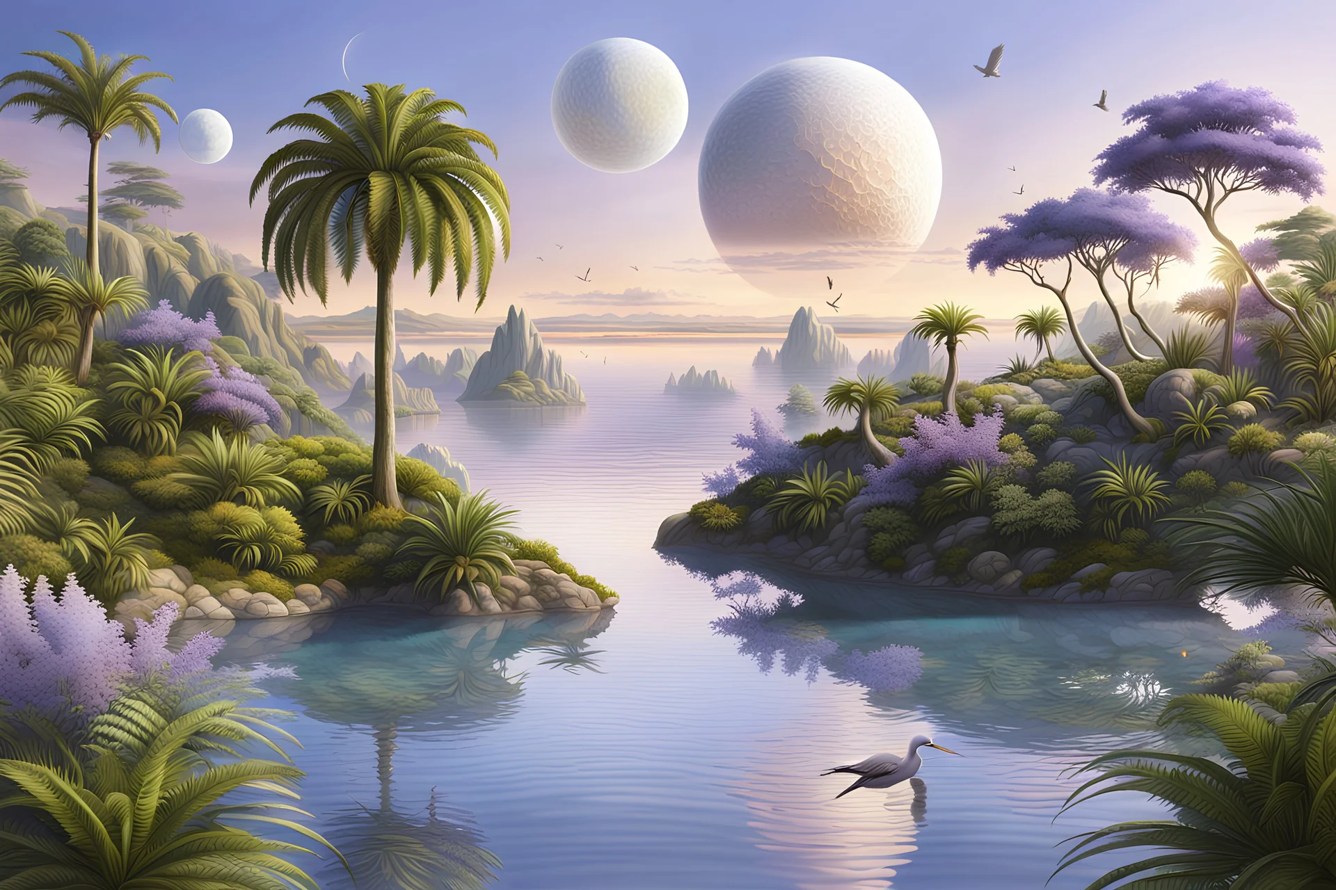 A beautiful complex extremely detailed hyper realistic image on an Earth like planet during the daytime where there is one very large moon rising above the horizon, and another small moon already risen, in the background, pale lavender sky, beautiful exotic elegant plant forms, some like large ferns, others are unusual trees, a lovely lake in the foreground with gently waves and unusual elegant birds standing in the shallows, reed like plants around the edge of the lake, elegant graceful aliens