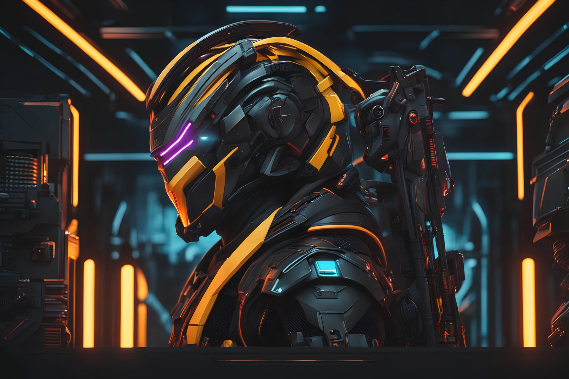 Cyber Machine in 4k realistic artstyle, ninja them, neon details, full body, apocalypse, intricate details, highly detailed, high details, detailed portrait, masterpiece,ultra detailed,best quality