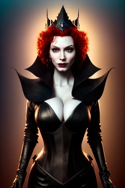 Christina Hendricks as evil queen in black leather, leather, busty, cleavage, angry, stern look. character design by cory loftis, fenghua zhong, ryohei hase, ismail inceoglu and ruan jia. unreal engine 5, artistic lighting, highly detailed, photorealistic, fantasy