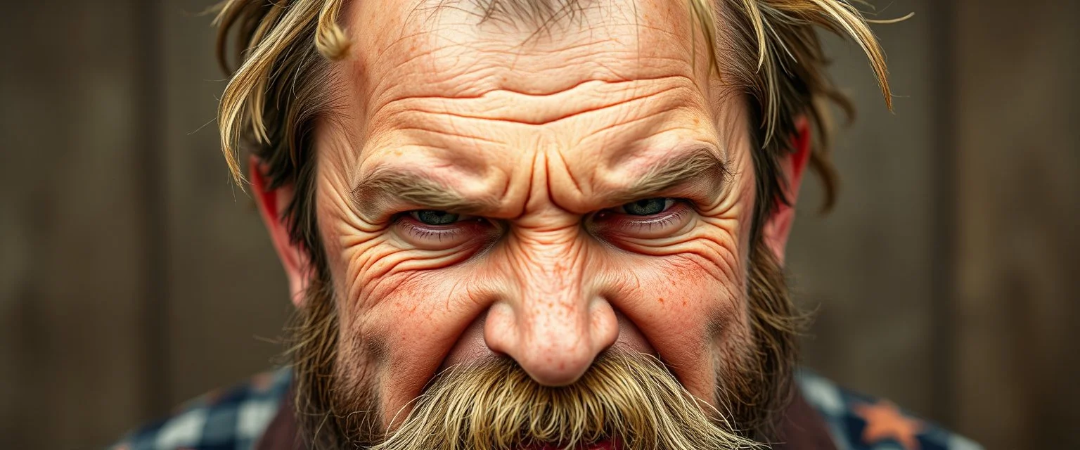 close up portrait of a blody ramen bucket that looks like a chain saw wielded by serious angry law man, hillbilly inbred man