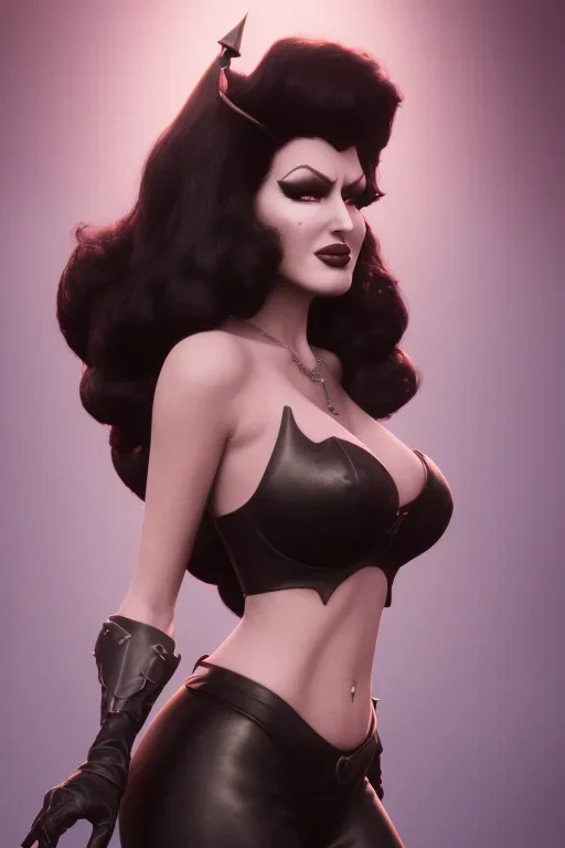 Rita Hayworth as evil queen in black leather, busty, cleavage, curvy, angry, stern look. character design by cory loftis, fenghua zhong, ryohei hase, ismail inceoglu and ruan jia. unreal engine 5, artistic lighting, highly detailed, photorealistic, fantasy