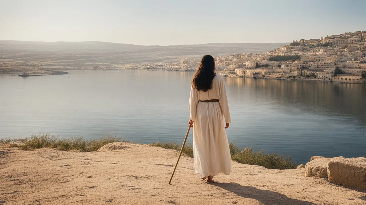 [the time of Jesus] close to the old town of Nazareth, a view on the Lake of Genesareth. a young woman in linen dress, she has her wooden rod she looks at the people down around the shore